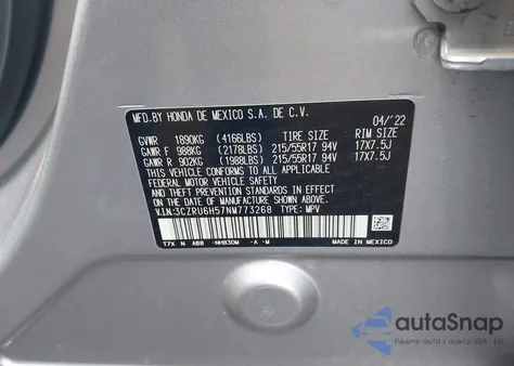 2022 Honda Hr-V Awd Ex from USA, damaged, VIN 3CZRU6H57NM773268